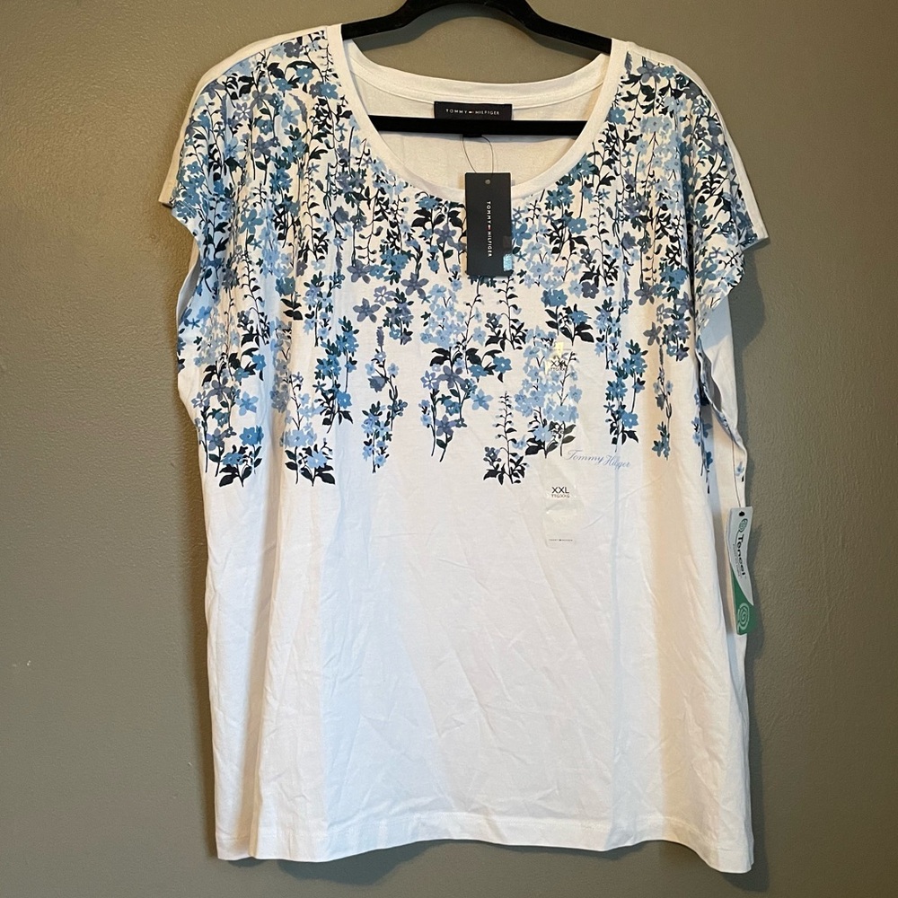 NWT Tommy Hilfiger Sz XXL Women’s Blue Floral Tencel Cotton Blouse Top Ret $44!
